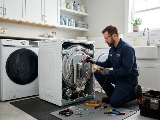 Appliance Repair Hero technician checking a dryer heating element with the rear panel off in Avondale Estates, GA