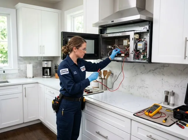 Appliance Repair Hero technician testing an over-the-range microwave in a Avondale Estates, GA kitchen