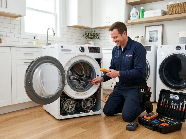 Appliance Repair Hero technician testing a front-load washer with a multimeter on a Avondale Estates, GA service call